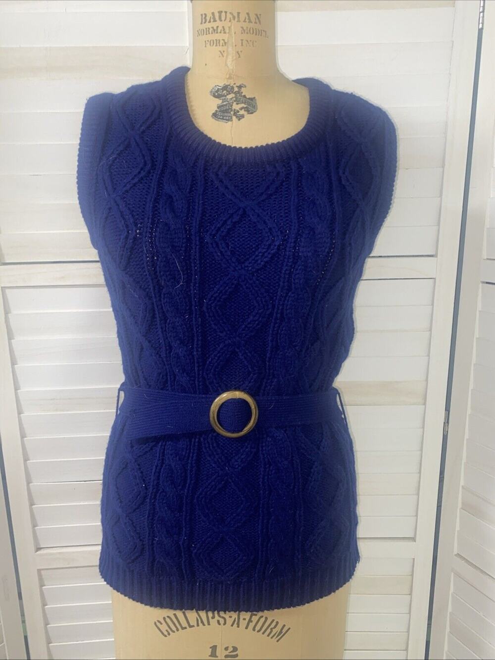Vintage 70s Full Fashioned Navy Blue Sweater Vest Cable Knit Medium Hong Kong